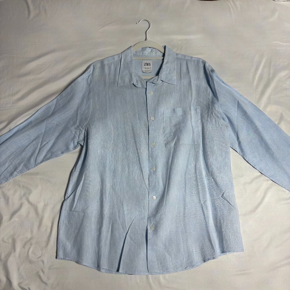 Light Blue Zara Linen Button-Down Shirt - Size XL, Lightly Worn, Dry Cleaned